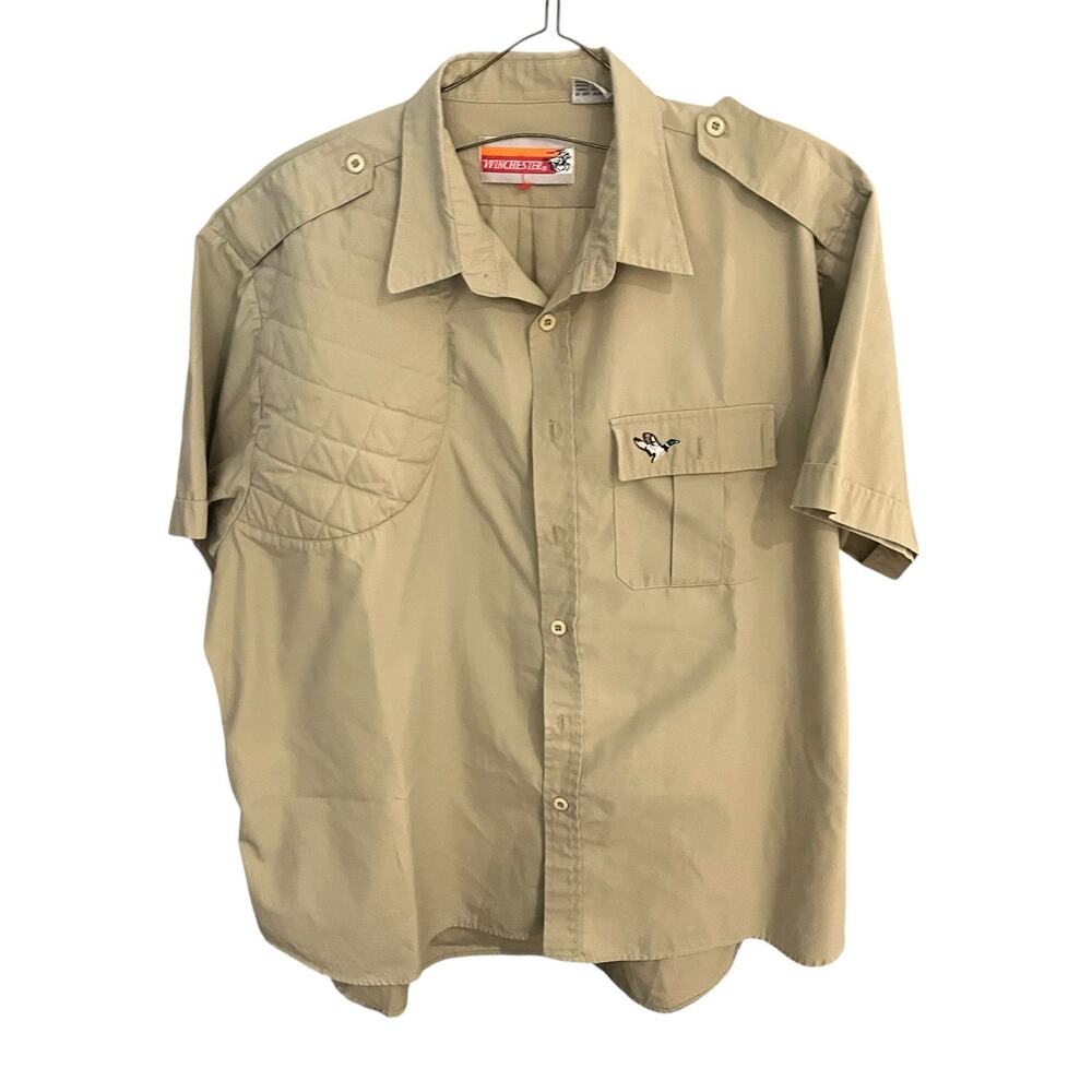 Vtg Winchester Men's XL Tan Padded Shoulder Vented Short Sleeve Button Up Shirt
